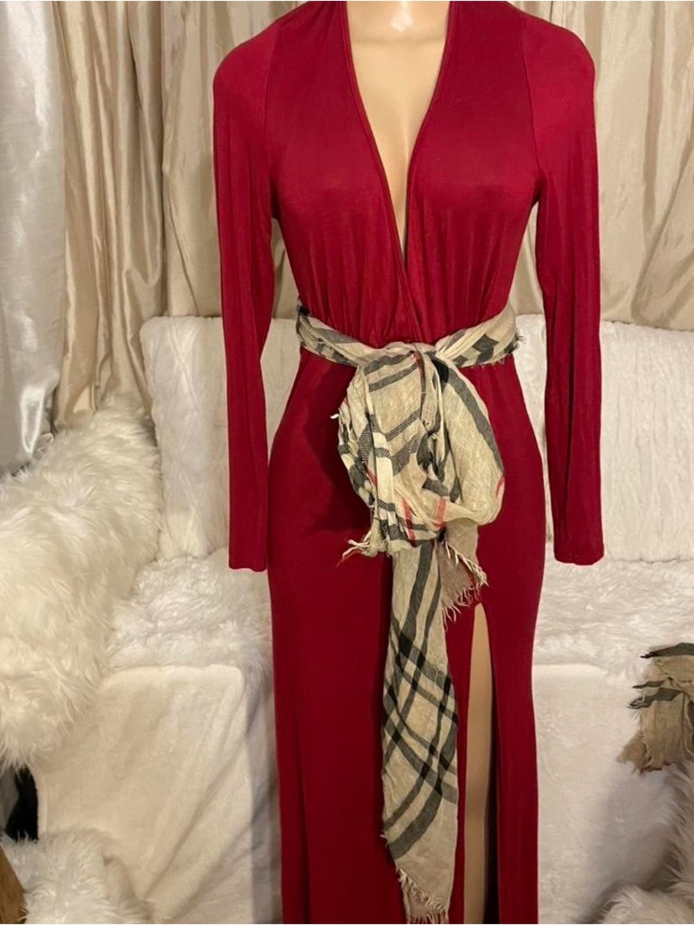 Plunge Neck Long-Sleeve Maxi Dress in Deep “Sexy” Red size 1x